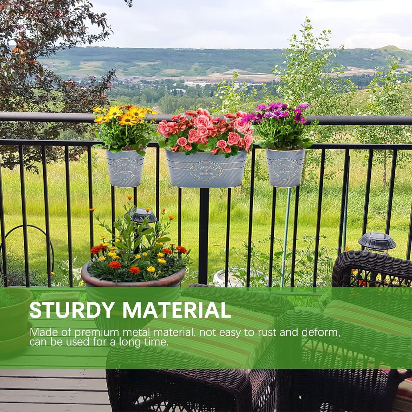 PerGar Vintage Metal Iron Wall Hanging Flower Pots, Rustic Planter Bucket Herb Flower Plant Holder with Detachable Hooks & Drainage Hole for Railing Fence Balcony Deck Garden Home Decoration, Set of 3-VerdiqueGarden