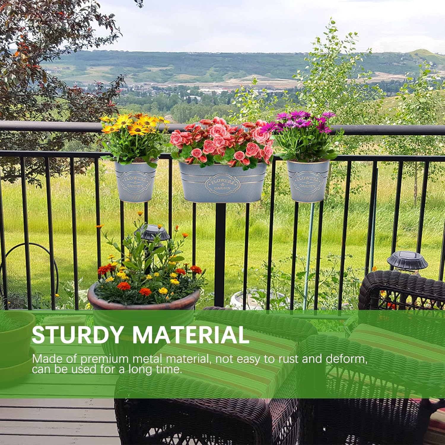 PerGar Vintage Metal Iron Wall Hanging Flower Pots, Rustic Planter Bucket Herb Flower Plant Holder with Detachable Hooks & Drainage Hole for Railing Fence Balcony Deck Garden Home Decoration, Set of 3-VerdiqueGarden