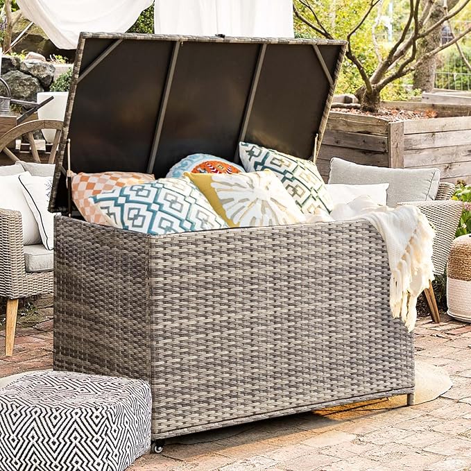 178 Gallon Outdoor Storage Box, Patio Deck Box with 2 Wheels, Handle Large Portable Wicker Rattan Deck Box for Patio Furniture Cushions, Throw Pillows, Garden Tools and Pool Floats (Gray)-VerdiqueGarden