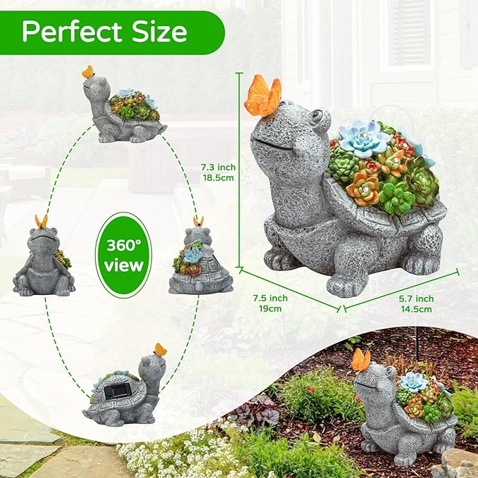Solar Garden Outdoor Statues Turtle with Succulent Butterfly 8 LED Lights, Lawn Decor Tortoise Figurine for Patio Balcony Yard, Yard Unique Christmas Birthdays Gift for Mom Grandma-VerdiqueGarden
