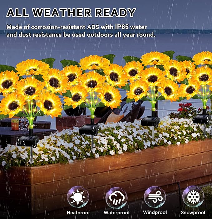 Solar Lights Outdoor Garden Decor,4 Pack with 24 Sunflower Lights,Solar Flowers Lights Waterproof,Sunflowers Gifts for Mom Women Grandma Birthday,Decorative Stakes Lights for Landscape Yard Patio Lawn-VerdiqueGarden