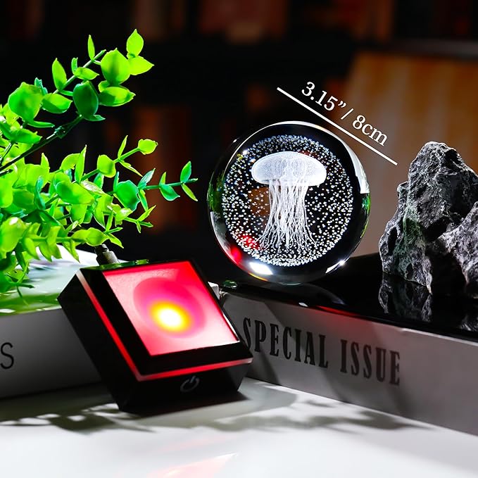 Qianwei Jellyfish Lamp for Women 3D Crystal Ball 3.14'' - 80mm Laser Jellyfish Decor Glass Animals Jellyfish Night Light Gifts Figurines Statue for Room Decorations Jellyfish Stuff-VerdiqueGarden