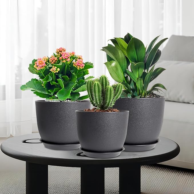 10/9/8 inch Medium Plant Pots, 3 Pack Modern Decorative Plastic Planters with Drainage Holes and Saucers, Flower Pots for Indoor Outdoor Plants, Black-VerdiqueGarden