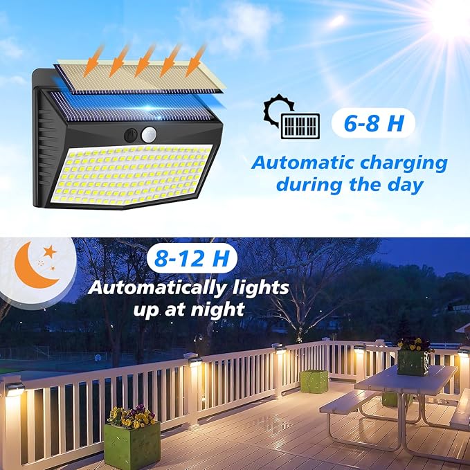 [138 LED/8 Packs] Solar Motion Sensor Lights Outdoor Waterproof with 3 Lighting Modes Solar Wall Lights Solar Security Powered Lights for Garden Fence Yard Deck Garage, Warm White-VerdiqueGarden
