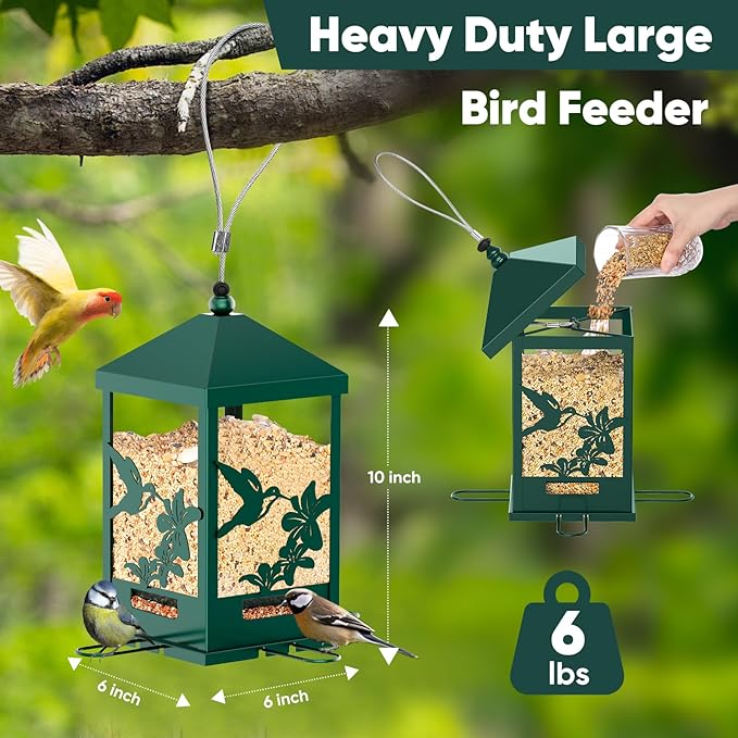 Squirrel Proof Bird Feeders for Outdoors, 6LBS Extra Large Capacity Hanging Metal Bird Feeder with Weight-Activated Perches, Wild Bird Feeders for Outside Finch, Cardinal, Blue Jay-VerdiqueGarden