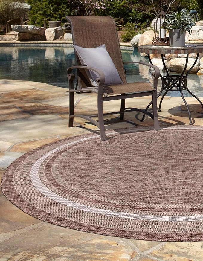 Unique Loom Outdoor Border Collection Area Rug - Soft Border (10' Round Brown/Ivory)-VerdiqueGarden