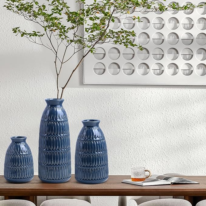 Yundu Navy Blue Ceramic Flower Vases for Home Decor Set of 3, Living Room Décor, Modern Farmhouse and Neutral Home Décor, Pmpas Grass Vase, Shelf, Mantle, Centerpieces Minimalist Décor-VerdiqueGarden