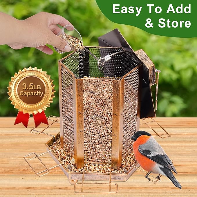 Lantern-Shaped Metal Bird Feeder for Outdoor Hanging, 3.5LB Large Capacity, Garden Decoration - Attracts Wild Birds, Durable Outdoor Bird Feeding Station for Garden Yard Outside Backyard-VerdiqueGarden