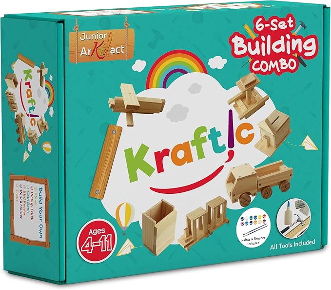 Kraftic Woodworking Building Kit for Kids and Adults, with 6 Educational Arts and Crafts DIY Carpentry Construction Wood Model Kit Toy Projects for Boys and Girls-VerdiqueGarden