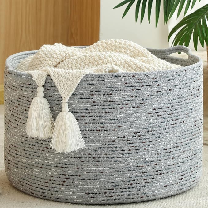 KAKAMAY Large Blanket Basket (20"x13"),Woven Baskets for storage Baby Laundry Hamper, Cotton Rope Blanket Basket for Living Room, Laundry, Nursery, Pillows, Grey with Blue & Brown Dotted-VerdiqueGarden