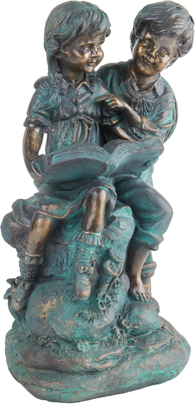 Alpine Corporation 15" Tall Indoor/Outdoor Girl and Boy Reading Together Statue Yard Art Decoration-VerdiqueGarden