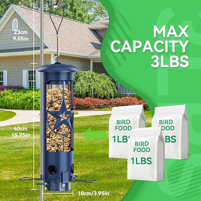 Squirrel Proof Bird Feeders for Outdoors Hanging, Metal Squirrel Proof Bird Feeder with Gravity Protection, 3LB Large Capacity Wild Bird Feeders for Outside Finch, Cardinal, Blue Jay (Blue)-VerdiqueGarden