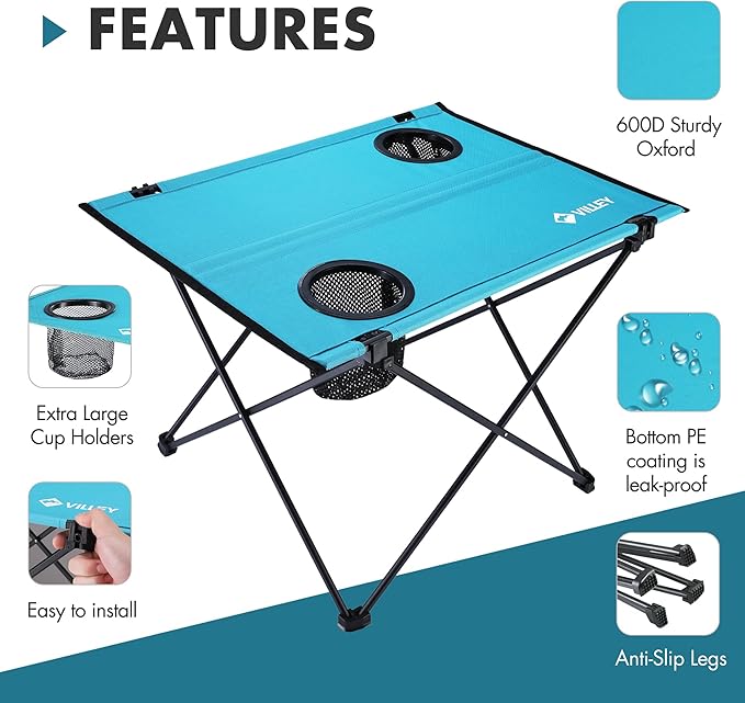 VILLEY Folding Camping Table, Lightweight Portable Beach Table with 2 Cup Holders & Carry Bag for Camping, Beach, Fishing, Travel, and Outdoor Activities (Small)-VerdiqueGarden