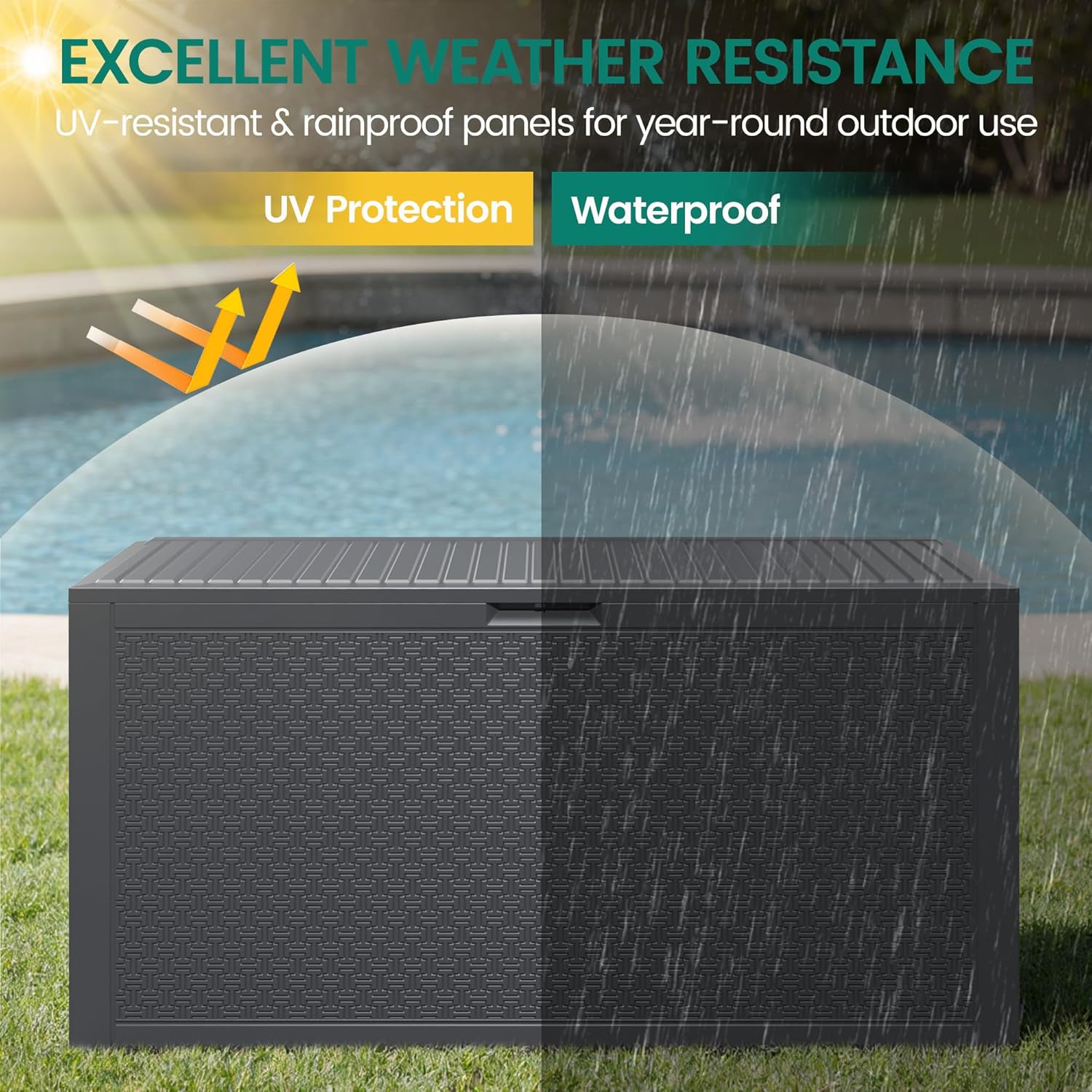 90 Gallon Outdoor Deck Box, Waterproof Outdoor Deck Box, Durable Resin Bin for Patio Cushions, Garden Tools and Pool Accessories, Lockable with UV Protection, Dark Gray, Patio Furniture (90 Gal Gray)-VerdiqueGarden