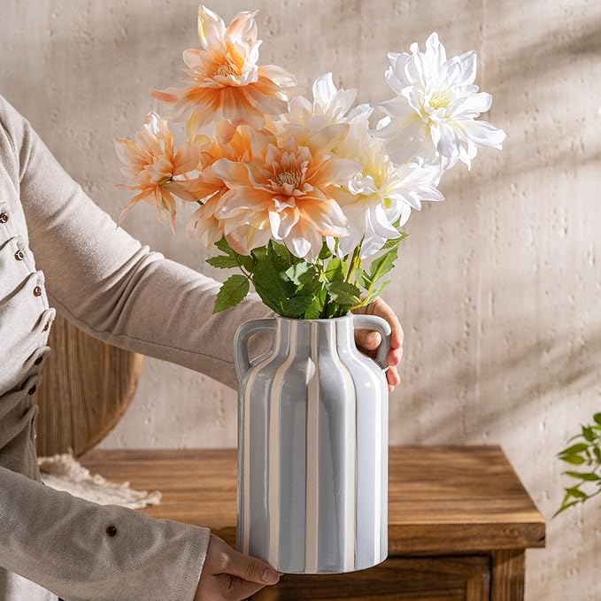 Ceramic Grey and White Checkered Stripes Vase with Handles, Hand-Painted Modern Minimalist Bohemian Floral Vases Home Decor, Cottage Core Decor, Flower Vase for Bouquet Mantle Kitchen Bookshelf 9.1 In-VerdiqueGarden