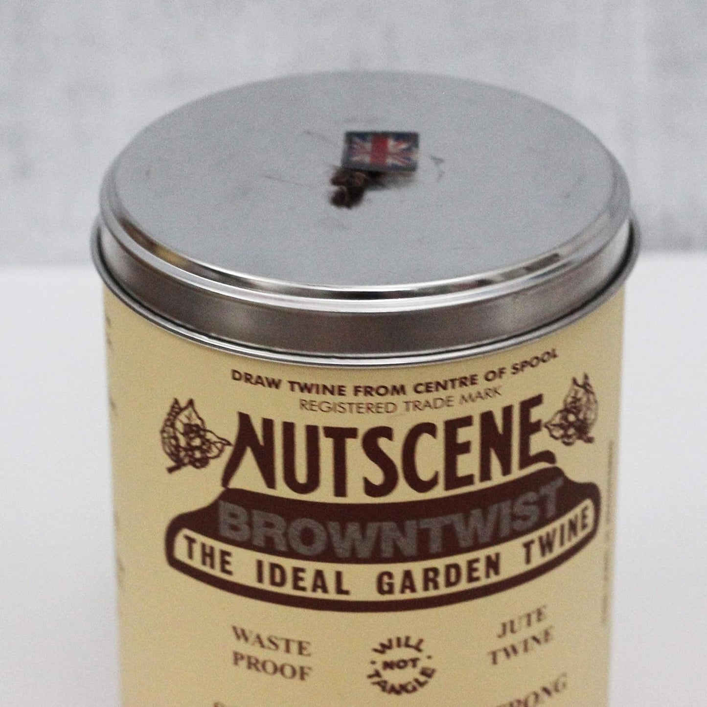 NUTSCENE Iconic Tin (Tin ‘O’ Twine) with Their Heritage Scottish Jute Twine and Hole in Top for Easy Dispensing. 14 Colors to Choose from. 164 Yards. (Brown)-VerdiqueGarden