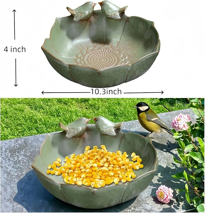 Bird Bath for Outside on Ground, 10 in Ceramic Birds Bath Bowl, Handmade Ground Bird Feeders and birdbath for Outdoors for Outdoors, Garden, Tabletop, Balcony and Lawn (Big - deep)-VerdiqueGarden