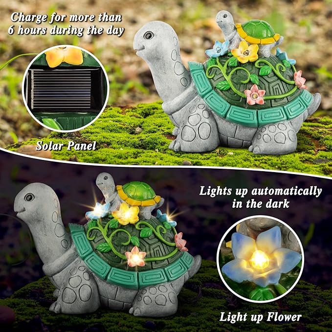 LESES Garden Statues, Turtle Solar Statue Garden Decor Clearance, Cute Turtle Figurines with Baby & 7 LED Solar Lights Lawn Decorations for Patio Yard Gifts for Mom Grandma Housewarming-VerdiqueGarden