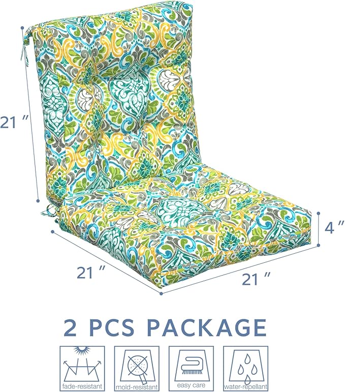 LVTXIII Outdoor Tufted Low Back Cushions, Solid Fluffy Seat and Back Chair Cushion with Ties, Patio Replacement Rocking Chair Cushion for Outdoor Furniture Use, 21 W x 21D, 2 Pack, Damask Green-VerdiqueGarden