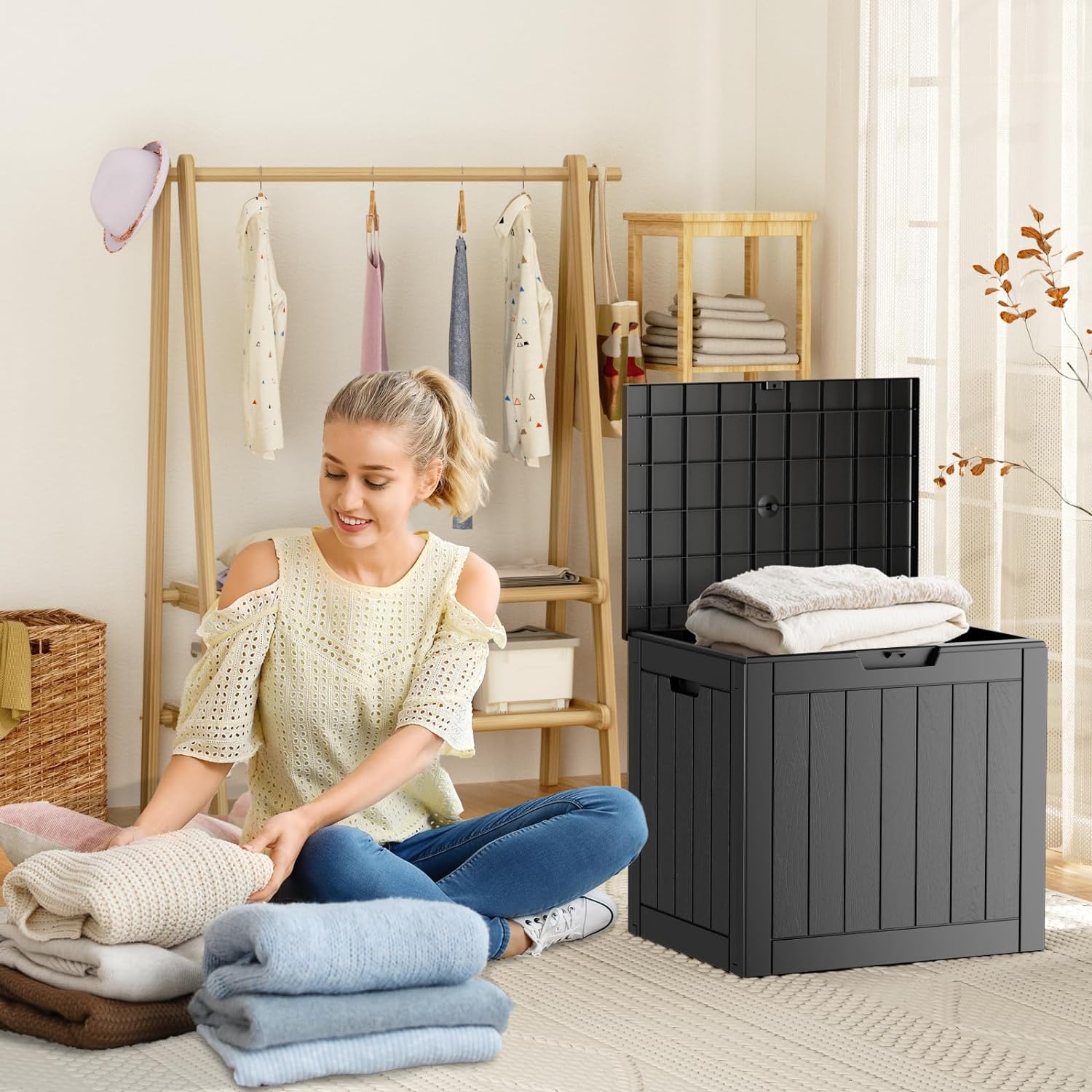 31 Gallon Resin Deck Box, Lockable Patio Outdoor Storage Box for Furniture, Garden Tools and Tools Storage, Waterproof Outside Storage Boxes - Black-VerdiqueGarden