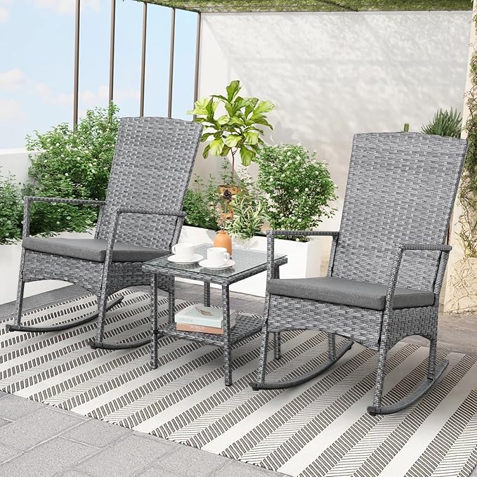 Outdoor Rocking Chair 3 Pieces High-Backed Rocking Chair Patio Rocking Chairs Outdoor Table and Chairs Anti-Slip Cushions Dark Grey-VerdiqueGarden