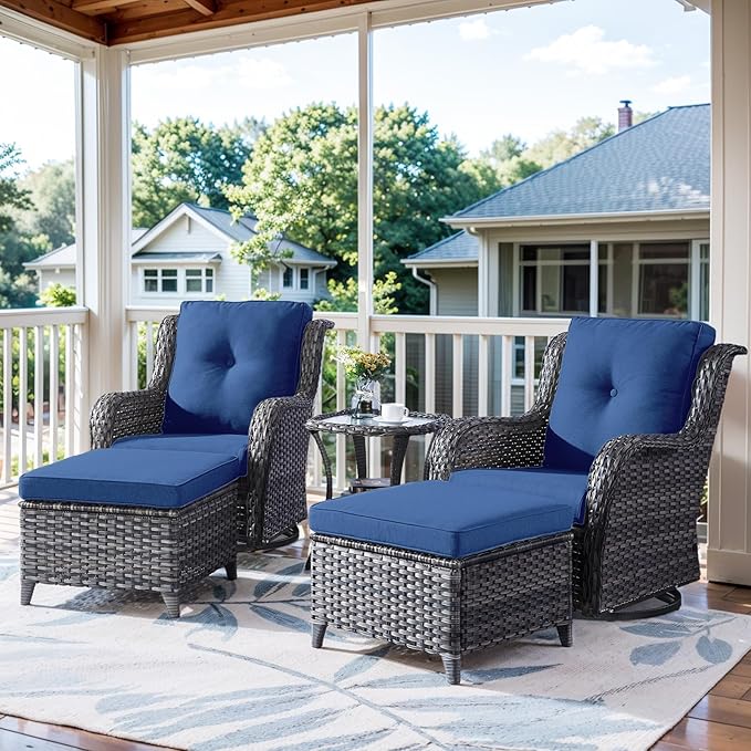 5 Pieces Patio Furniture Sets Wicker Outdoor Furniture, Rattan Patio Swivel Glider Chairs with 2 Ottoman and Glass Side Table-VerdiqueGarden