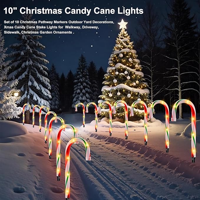 10" Christmas Candy Cane Lights - Set of 10 Pathway Markers Christmas Outdoor Yard Decorations, Xmas Candy Canes Stake Lights for Lawn Walkway Garden, Xmas Party Indoor Ornaments-VerdiqueGarden