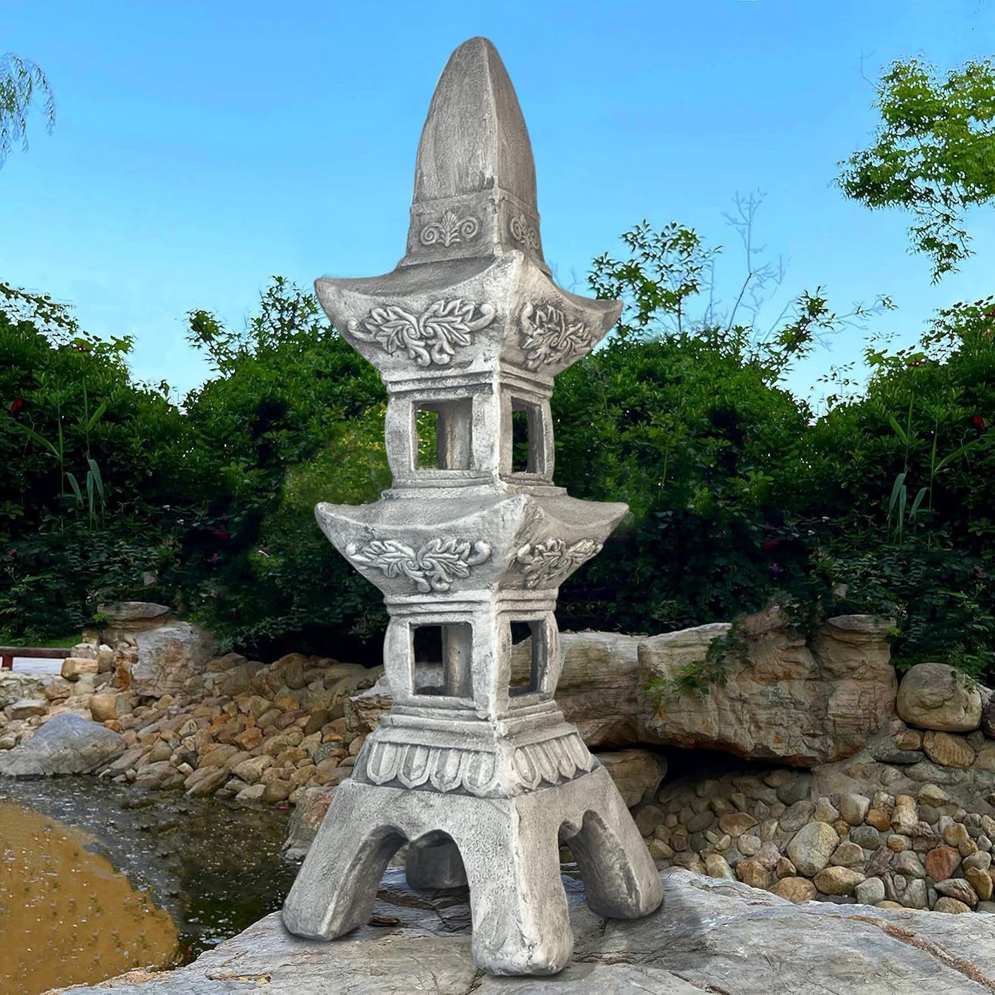 35.5’’High Asian Zen Pagoda Magnesium Oxide Tall Lantern Statue Outdoor Sculpture for Garden Backyard Decor Pagoda Statue Miniature Tower Lantern Landscape Garden Decoration-VerdiqueGarden