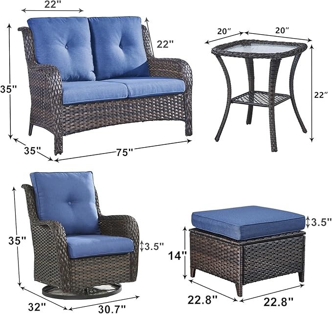 Outdoor Wicker Patio Furniture Set - 6 Piece Rattan Patio Conversation Set with 2 Rocking Swivel Chairs,2 Ottomans,1 Loveseat and 1 Side Table for Porch Deck Backyard Garden(Brown/Blue)-VerdiqueGarden
