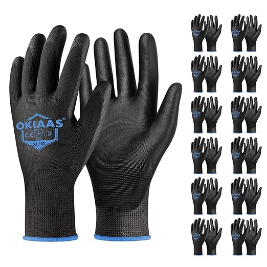 OKIAAS Work Gloves for Men，Ultra Thin and Lightweight Working Gloves with Grip, 12 Pairs Bulk Pack Construction Gloves with Polyurethane Coating for Light Duty Work (Black, X-Large)-VerdiqueGarden