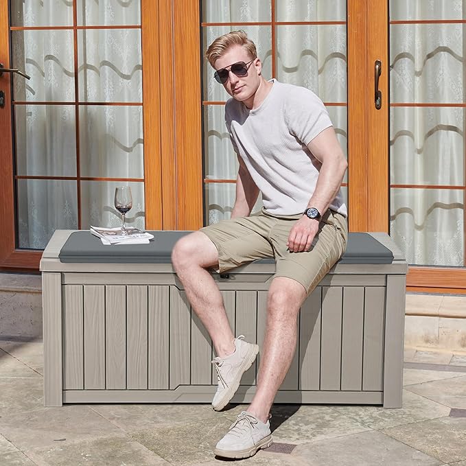 YITAHOME 120 Gallon Outdoor Storage Deck Box with Cushion, Large Resin Patio Storage for Outdoor Pillows, Garden Tools and Pool-Supplies, Waterproof, Lockable (Taupe)-VerdiqueGarden