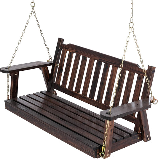 Anraja Wooden Porch Swing 2-Seater, Bench Swing with Hanging Chains, Heavy Duty 800 LBS, for Outdoor Patio Garden Yard, 4 Ft, Brown-VerdiqueGarden