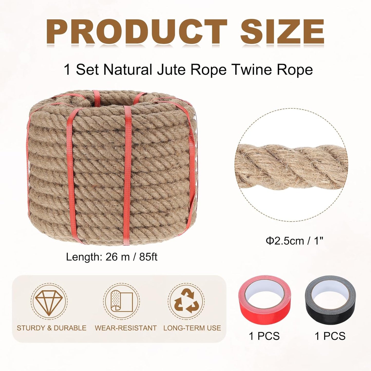 MECCANIXITY Jute Rope 1 Inch x 85ft, Thick Twine Rope Ropes Braided Jute Twine Natural Brown Burlap Cord String Heavy Twisted with Tapes for Decorative Crafts Railing Swing Tug of War-VerdiqueGarden