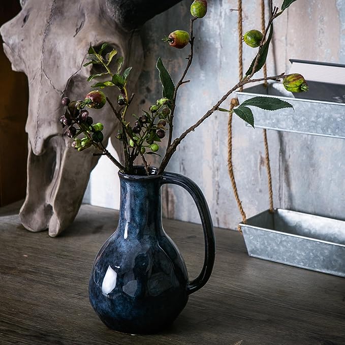 Blue Ceramic Vase with Big Handles, Modern Farmhouse Decor, Rustic Pottery for Flowers, Decorative Terracotta Centerpiece for Dining Table-VerdiqueGarden