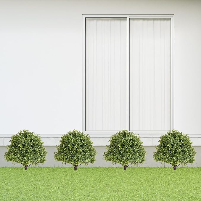 27" Tall Artificial Boxwood Ball Topiary Trees Set of 2, UV Resistant Large Faux Plants Outdoor, 2ft Fake Bushes and Shrubs Look Real with Ground Spike for Front Porch Outside Planter Backyard Decor-VerdiqueGarden