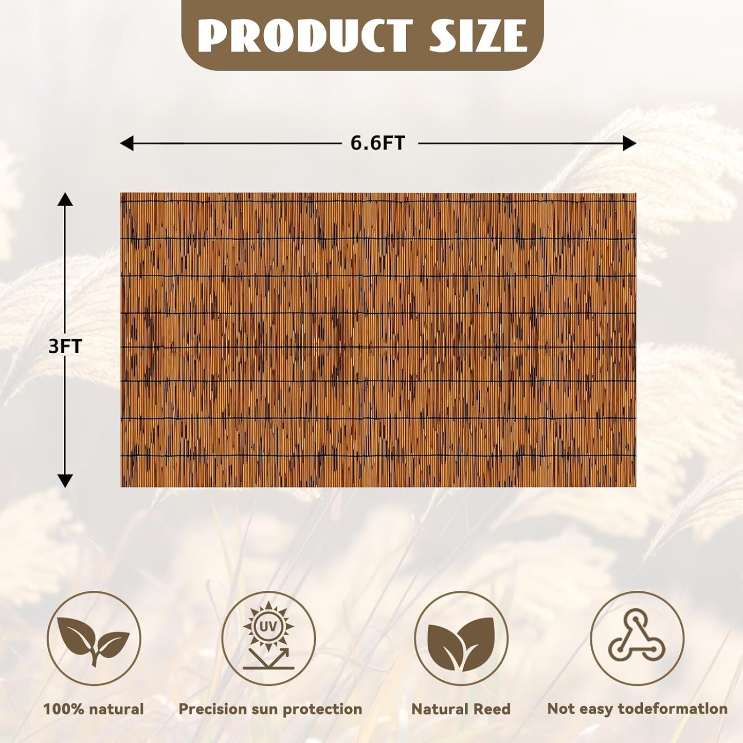 Bamboo Reed Fencing, Light Russet Bamboo Screens Outdoor for Patio, Decorative Balcony Privacy Screen Reed Fence Rolls Curtains for Garden Backyard, 3 x 6.6 FT-VerdiqueGarden