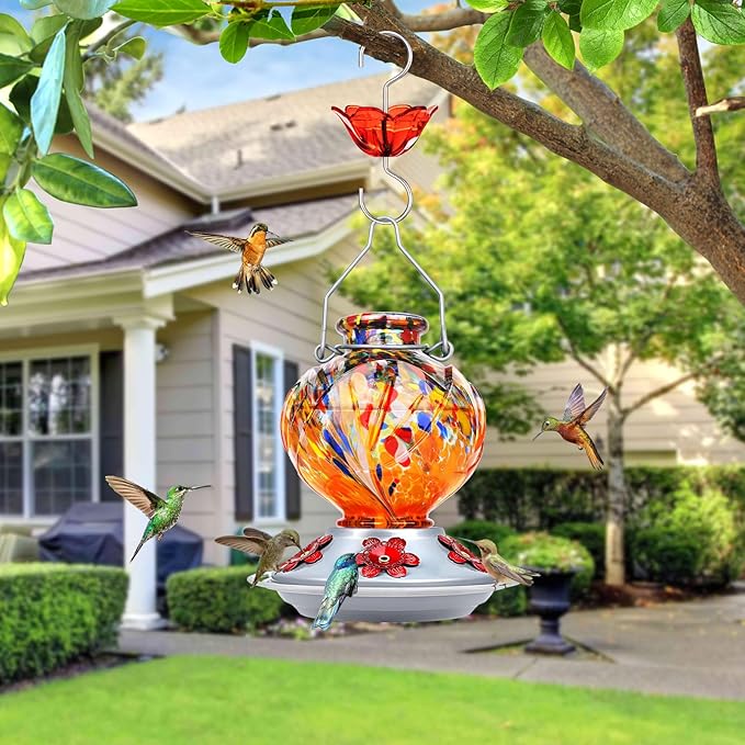 BOLITE Hummingbird Feeder, Hand Blown Glass Hummingbird Feeders for Outdoors Hanging, with Ant Moat and 5 Feeding Ports, 22 Ounces, Peony Flower Shape, Orange, Gifts for Women Men, Gifts for Mom Dad-VerdiqueGarden