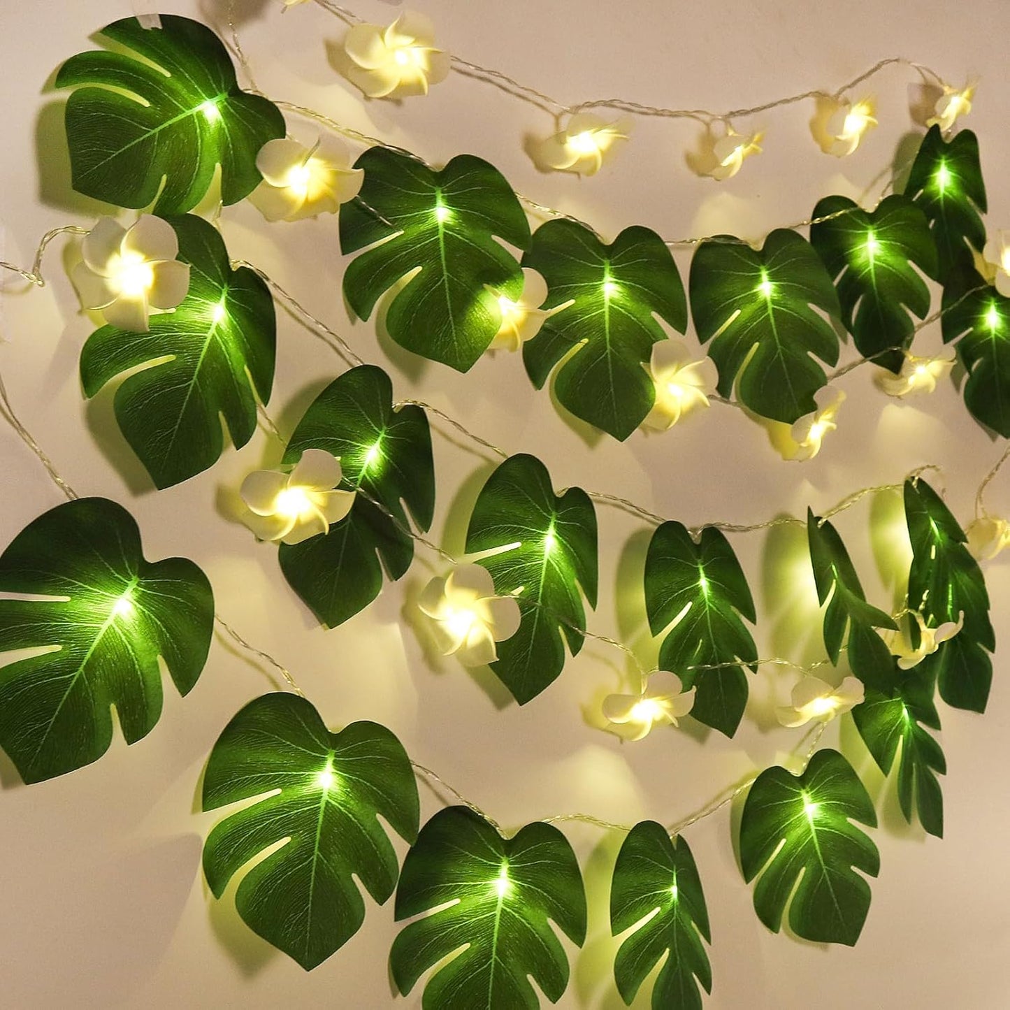 RECUTMS Monstera Leaf String Lights Artificial Foam Plumeria Tropical Palm Leaves Flower 40 LED Battery Operated Fairy Light Hawaiian Luau Beach Party Summer Decorations Outdoor Indoor(White+Green)-VerdiqueGarden