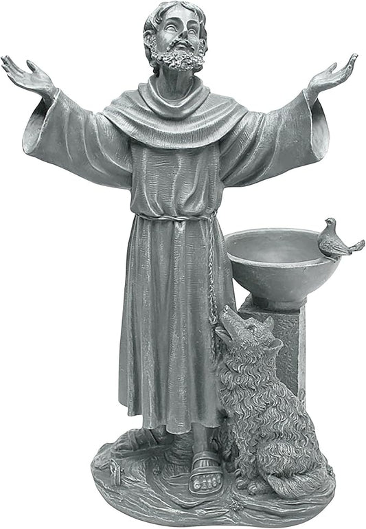 Design Toscano Francis of Assisi Blessing Religious Garden Decor Statue with Bird Bath Feeder, 19 inches Tall, Cast Stone Resin, Gray Stone Finish-VerdiqueGarden