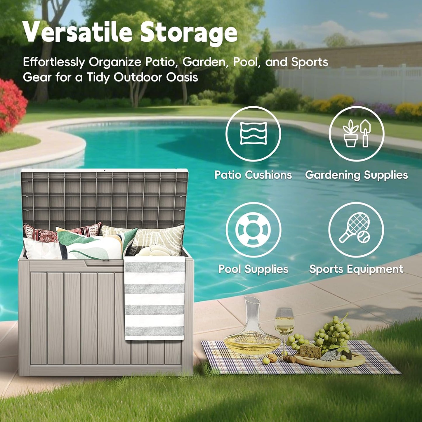Outdoor Storage Box, 50 Gallon Waterproof Resin Deck Box, Storage Bin for Package Delivery, Patio Furniture Cushion, Garden Tools, Pool Accessories, Weatherproof and UV Resistant, Grey-VerdiqueGarden