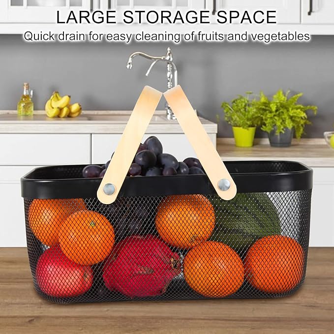 Garden Harvest Basket,Delicate Harvest Basket for Garden Vegetables,Practical Metal Mesh Wire Basket with Handle Suitable for Bathroom,Cabinet,Kitchen(Black)-VerdiqueGarden