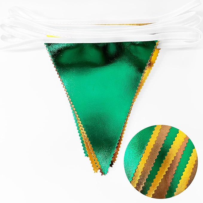 Green Gold Brown Metallic Fabric Triangle Pennant Banner Flag Bunting Garland for Football Jungle Safari Wild Woodland Birthday Baby Shower Wedding Bachelorette Graduations Party Decorations Supplies-VerdiqueGarden