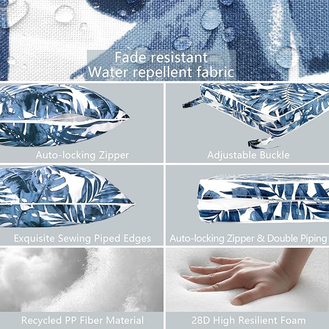 LVTXIII Outdoor Deep Seat Cushion Patio Seat and Back Cushion Set Seasonal Chair Cushion with Removable Cover and Adjustable Buckle for Home and Garden, 22"x22"x4", Palms Blue-VerdiqueGarden