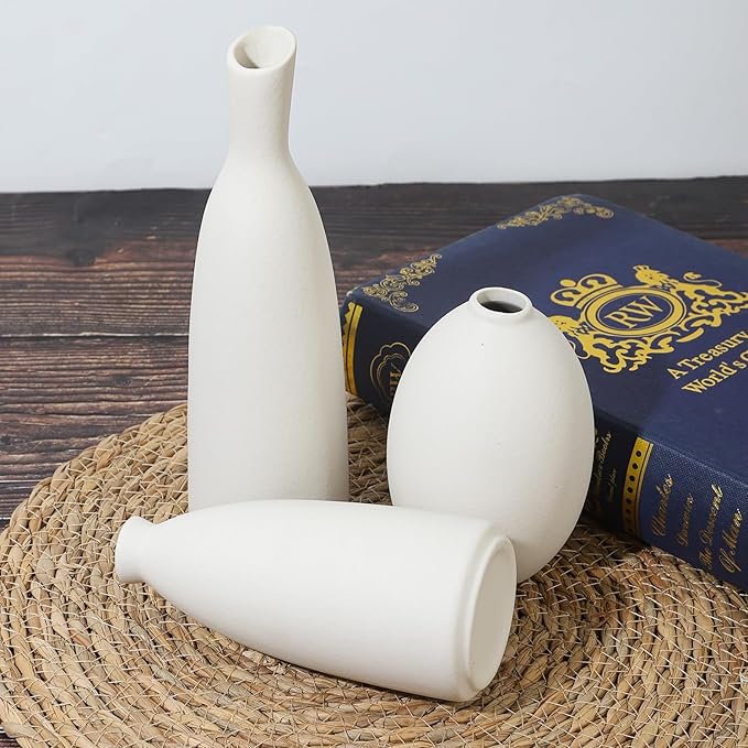Ceramic Vase Set of 3, Small Flower Vase for Home Decor, Decorative Vases for Pampas Grass & Dried Flowers, Living Room, Bedroom, Bathroom, Shelf Centerpiece Table Decorations-VerdiqueGarden