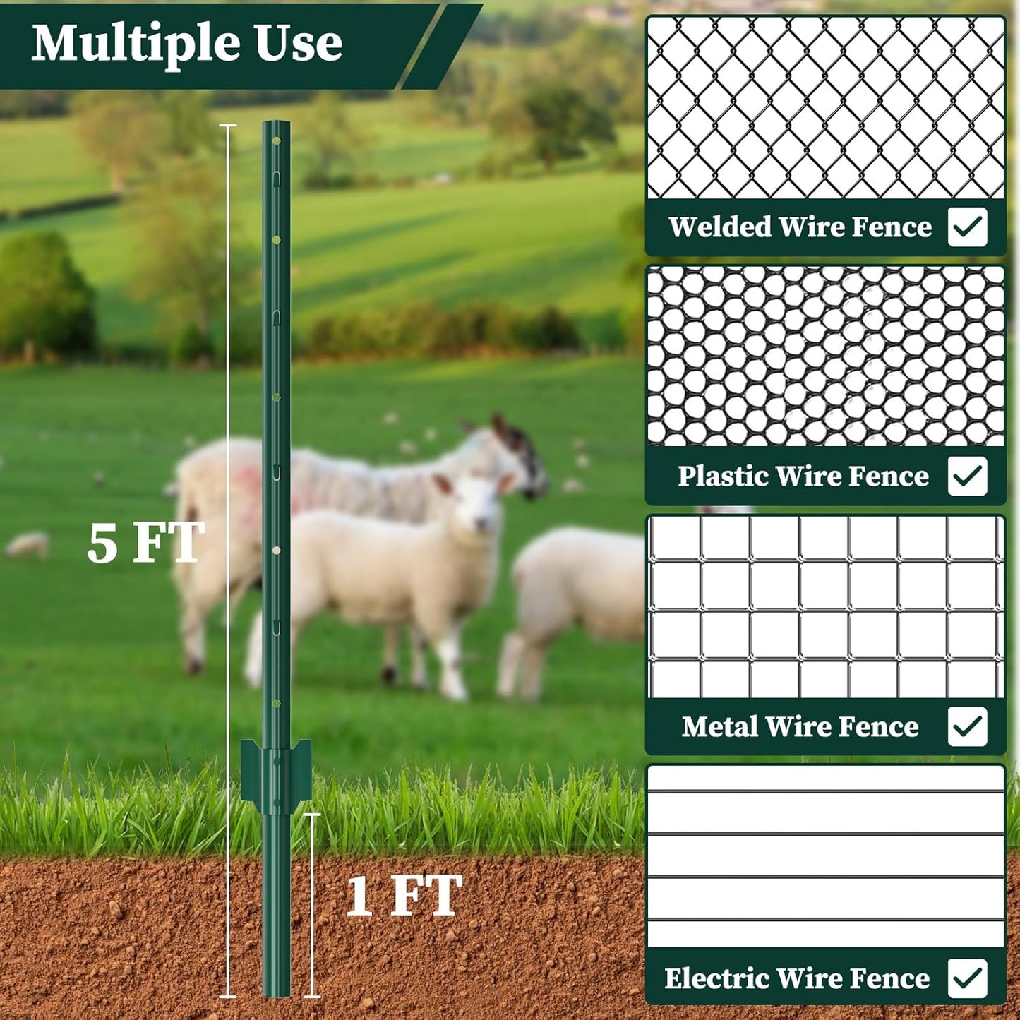 10 Pack Garden Fence Post, 5 Feet Heavy Duty Metal U-Post for Wire Fence, No Dig Garden Fence Stakes for Temporary Fencing, Electric Fence Wire, Corner Anchor, and More-Green-VerdiqueGarden