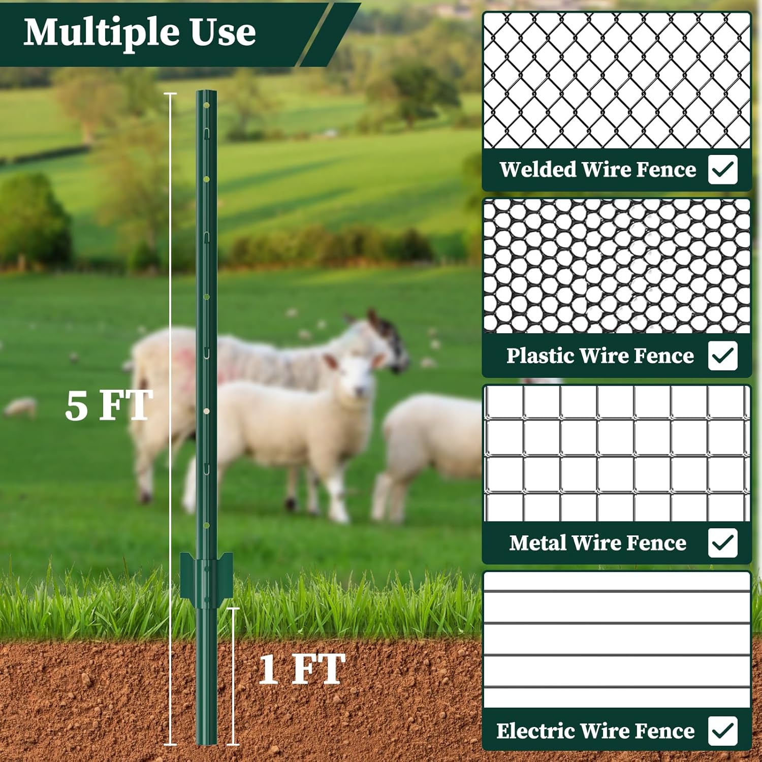 10 Pack Garden Fence Post, 5 Feet Heavy Duty Metal U-Post for Wire Fence, No Dig Garden Fence Stakes for Temporary Fencing, Electric Fence Wire, Corner Anchor, and More-Green-VerdiqueGarden