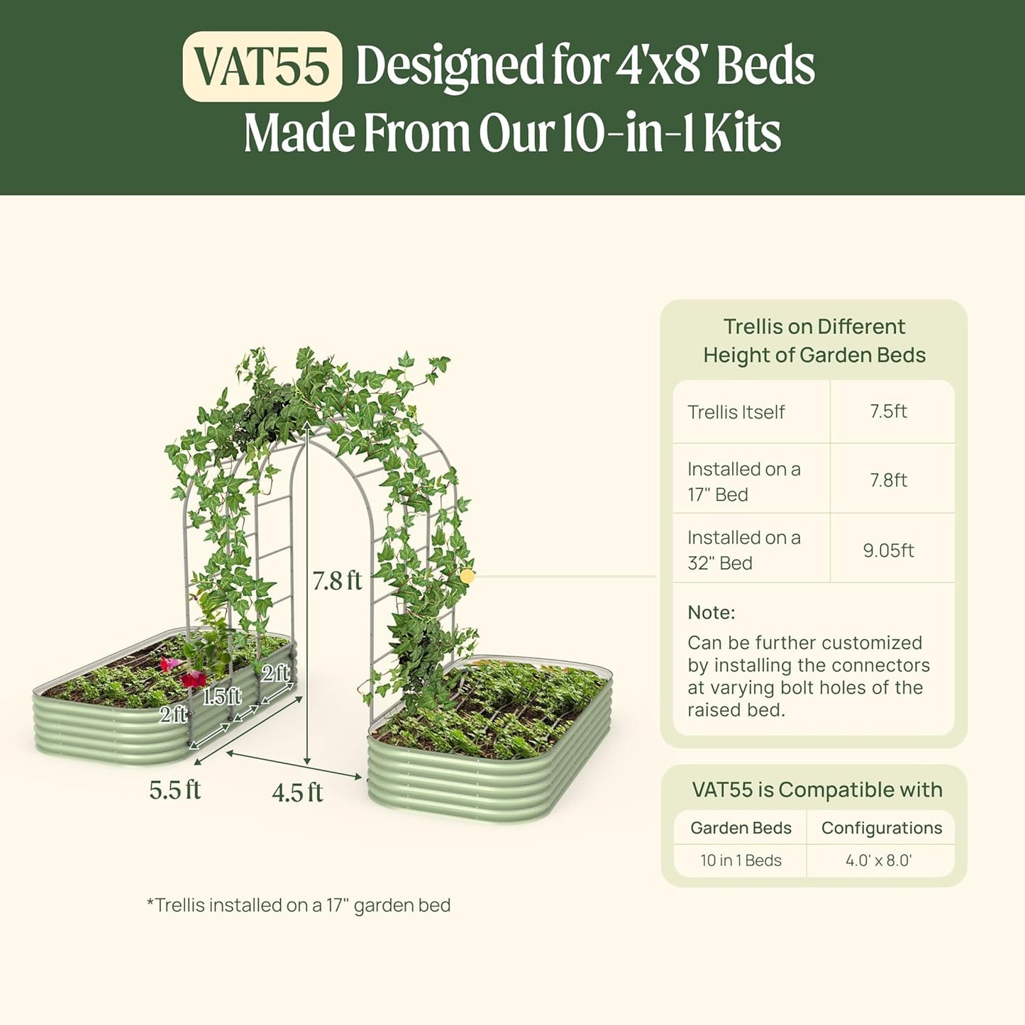 Vego Garden Modular Arched Trellis System Triple Section 5.5' Long Trellis for 4.0' x 8.0' (10 in 1) Garden Bed-VerdiqueGarden