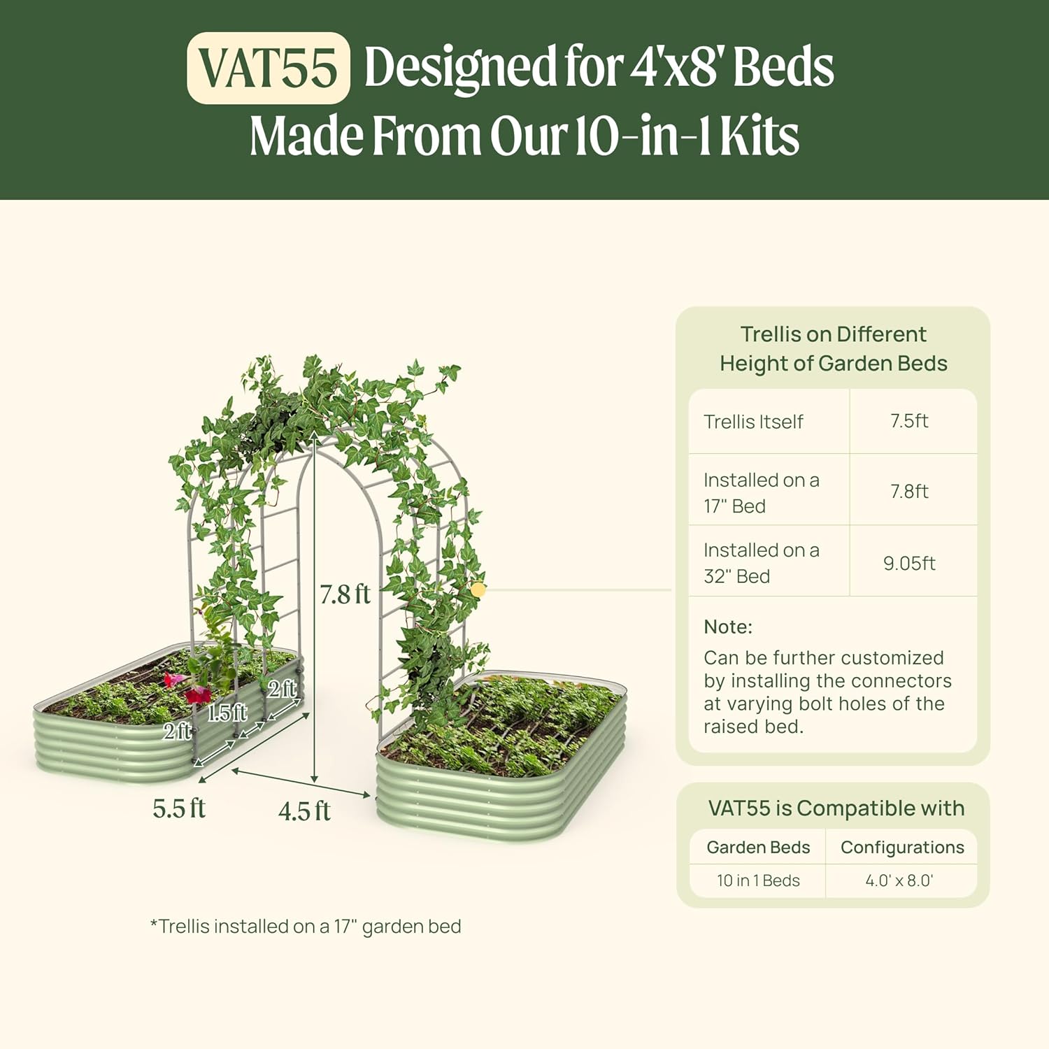 Vego Garden Modular Arched Trellis System Triple Section 5.5' Long Trellis for 4.0' x 8.0' (10 in 1) Garden Bed-VerdiqueGarden