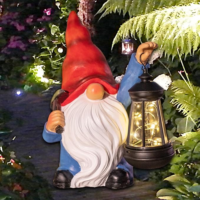 Garden Gnome Statue Solar Light Outdoor Decorations Figurine with Lantern Led Shovel Sculpture Lawn Patio Yard Porch Outside Christmas Housewarming Gifts for Women Mother's Day Grandma-VerdiqueGarden
