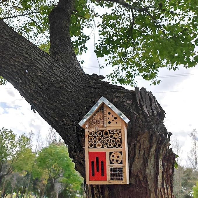TIHOOD Natural Wooden Hanging Bee House for Gardens Natural Wooden Butterfly Hotel for Bee, Butterfly, Ladybirds, Habitat, Bee Hotel Garden-VerdiqueGarden